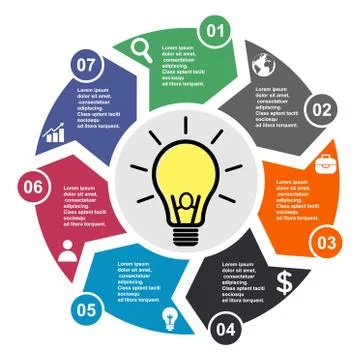 7 step vector element in seven colors with labels, infographic diagram. Busin Stock Illustration