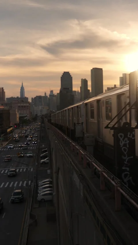 7 Train in Queens at Sunset Vertical Stock-Footage 342444552