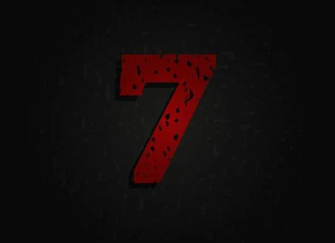 7 vector red number made of grunge texture. Insane Fear brutal font. Wicked n Illustrazione stock