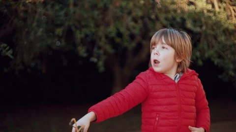 7 year old boy enjoys playing with the slingshot outdoors Stock Footage 262348172