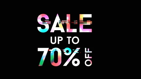 70% discount on a black background, glitch effect, bright multicolored paints. Stock Footage 145146133
