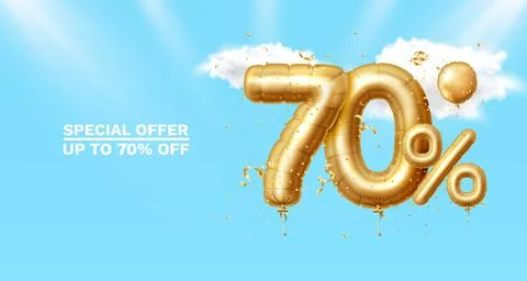 70 Off. Discount creative composition. 3d Golden sale symbol with decorative Stock Illustration