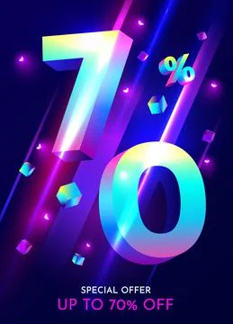 70 percent Off. Discount creative composition. Mega sale neon banner. Stock Illustration