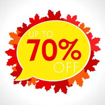 70 off on speech bubble in autumn red leaf Illustrazione stock