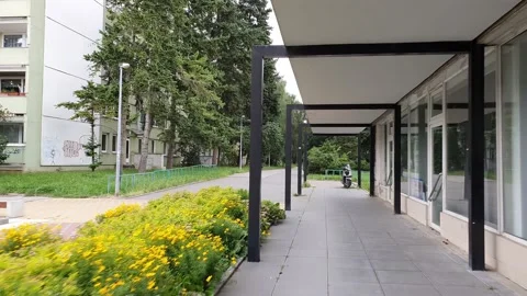 70s architecture in Prague. Constructive arches. Perspective. Steadicam. Stock Footage 167355671