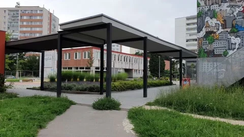 70s architecture in Prague. Constructive arches. Perspective. Steadicam. Stock Footage 167355778