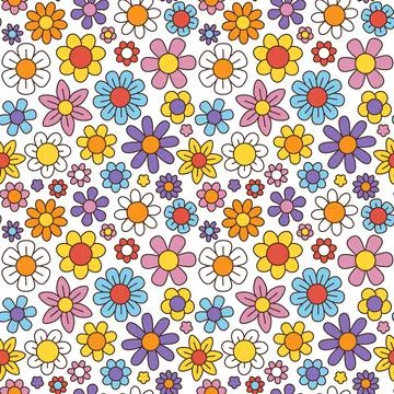 70s groovy flower pattern, chamomile and daisy flowers vintage print. 60s abs Stock Illustration