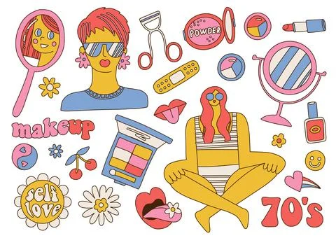 70s groovy makeup elements set. Home Beauty procedure. Cool Girl makes face care Stock Illustration