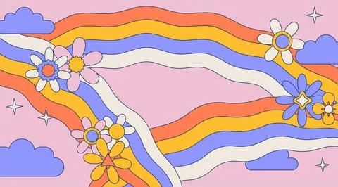 70s groovy retro psychedelic background with sun flowers and clouds sign for tee Stock Illustration