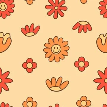 70s inspired floral seamless pattern. Various daisy spring and summer flowers. B Stock Illustration