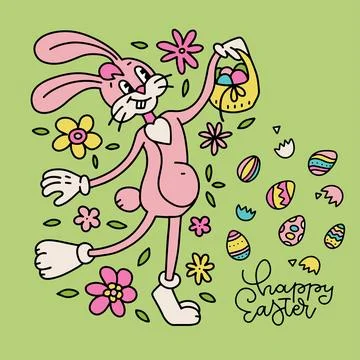 70s retro cartoon groovy easter rabbit with basket, flowers and eggs. Vintage Stock Illustration