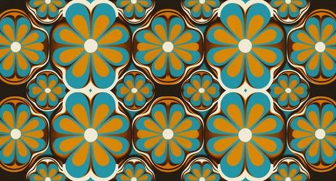 70s retro floral pattern in brown, beige, yellow, blue colors. 60s and 70s style Stock Illustration