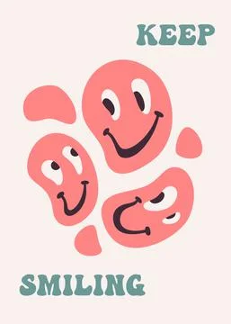70s retro poster with distorted smiling faces. Vector print with "Keep smilin Stock Illustration