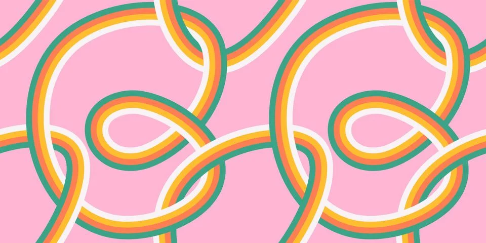 70s seamless pattern with geometric Tangled loops. Retro colorful line rainbow Stock Illustration