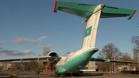 An-72 multi-purpose military transport aircraft in open parking . Kazakhstan. Stock Footage 169927647