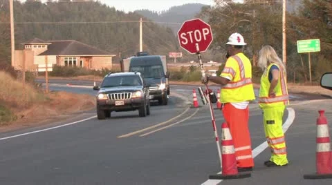 720p Road Construction Stop Sign 2 Stock-Footage 12386417