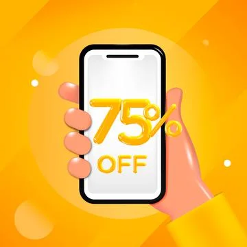 75 or Seventy Five percent off design. Hand holding a mobile phone with75% offer Stock Illustration