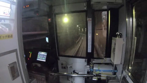 75 Subway Train Driver In Operation Cabin In Underground Tunnel 動画素材 348237330