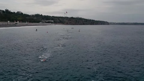 7th may 2023 - Antalya, Turkey. Mass start swim in open water. Stock Footage 243701830