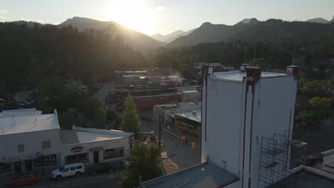 8-1-26, Estes Park, CO, USA - sunset flying past theater to town center Stock Footage 341238831