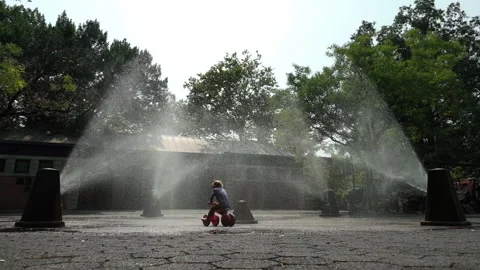 8-11-26, Brooklyn, NY, USA - slomo girl on trike rides through sprinklers Stock Footage 341899043
