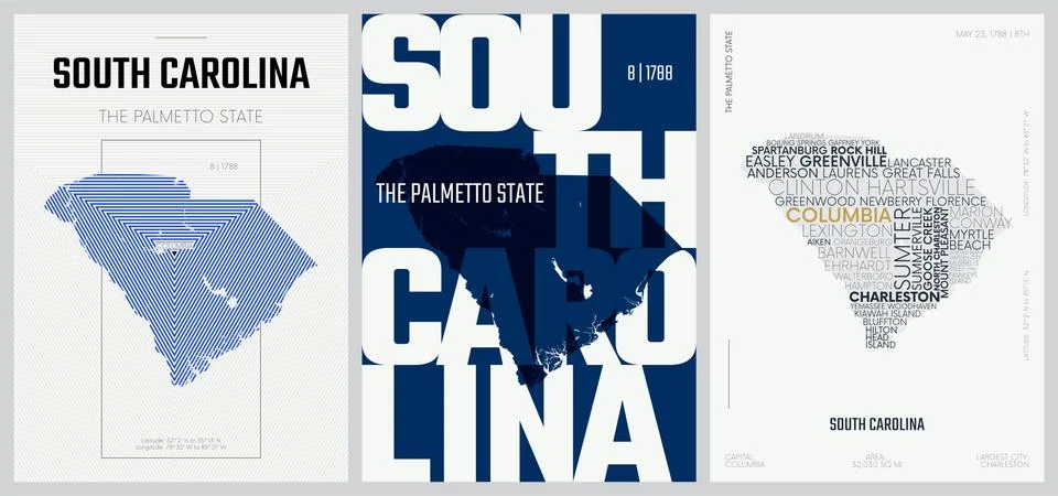 8 of 50 sets, US State Posters with name and Information in 3 Design Styles,  Stock Illustration