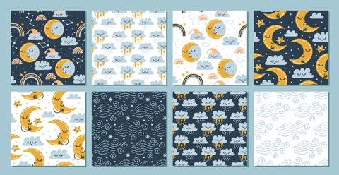 8 baby sky seamless patterns. Rain and clouds. Stock Illustration