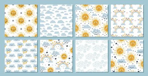 8 baby sky seamless patterns. Rain and clouds. Stock Illustration