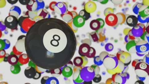 An 8 ball floating in a white space filled with assorted pool balls. This ima Stock Illustration