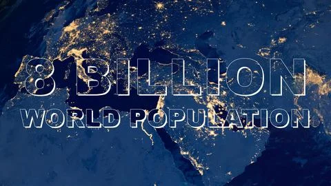 8 billion world population on map at night. Elements of this image furnished by 库存照片