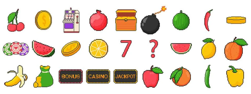 8 bit board game icon set. Pixel art object. Old school computer graphic styl Stock Illustration