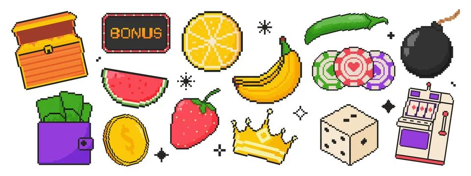 8 bit casino icon set. Pixel art object. Old school slot machine graphics. .. Stock Illustration