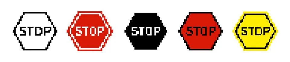 8 bit caution road sign icon. Pixel error retro banner. Stock Illustration