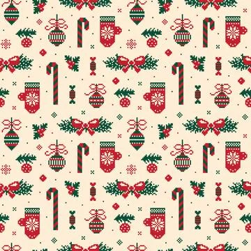8 bit Christmas Pattern in Traditional Green Red Stock Illustration