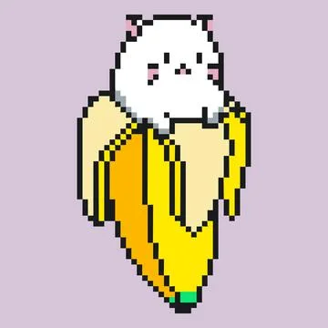 8 bit cute white kitten on a peeled banana. Pixel art. Creative banana with Illustrazione stock