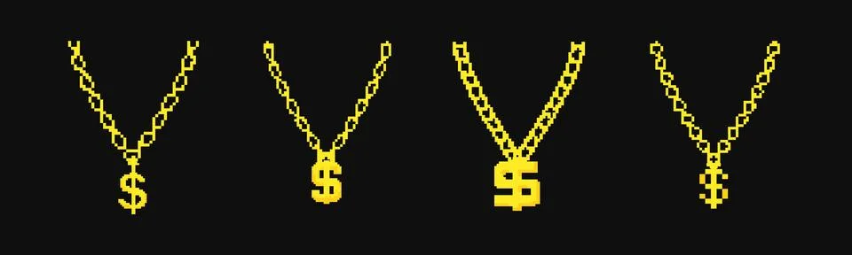 8 bit dollar chain icon. Pixel retro rapper chain Stock Illustration