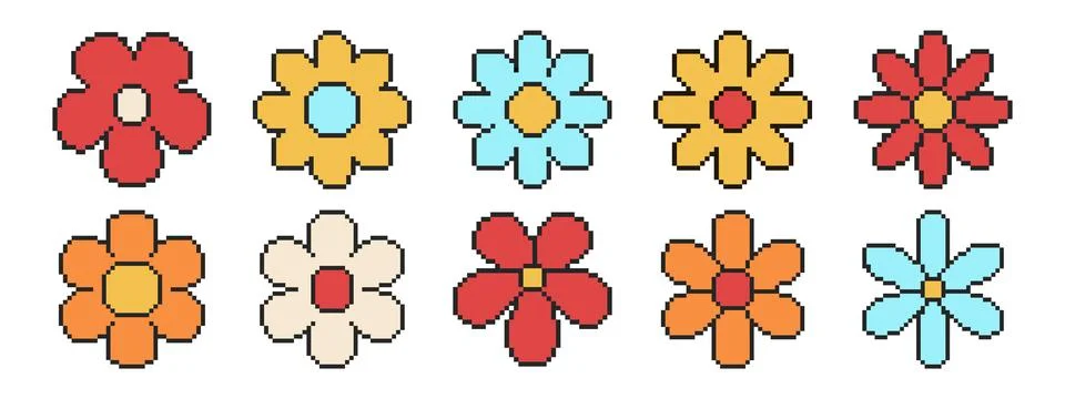 8 bit flower icon set. Pixel art object. Old school vintage game graphic. Illustrazione stock