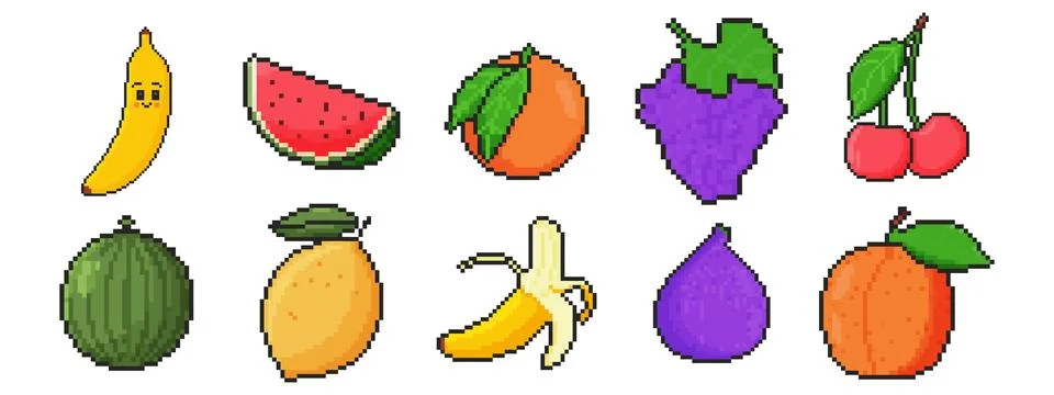 8 bit fruit icon set. Pixel art object. Old school computer graphic style. Illustrazione stock