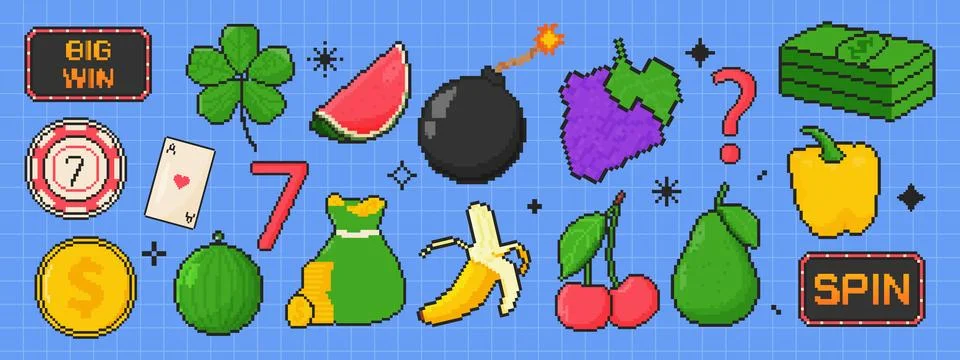 8 bit gambling icon set. Pixel art object. Retro 80s,90s video game graphic.. Stock Illustration