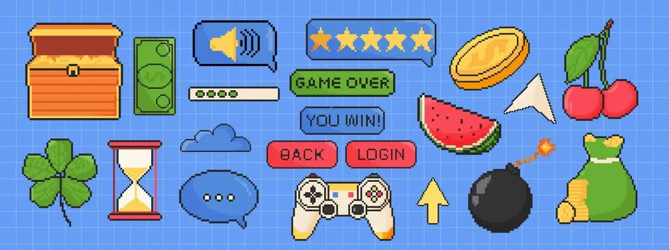 8 bit game icon set. Pixel art object. Old school vintage game graphic. Bom.. Stock Illustration