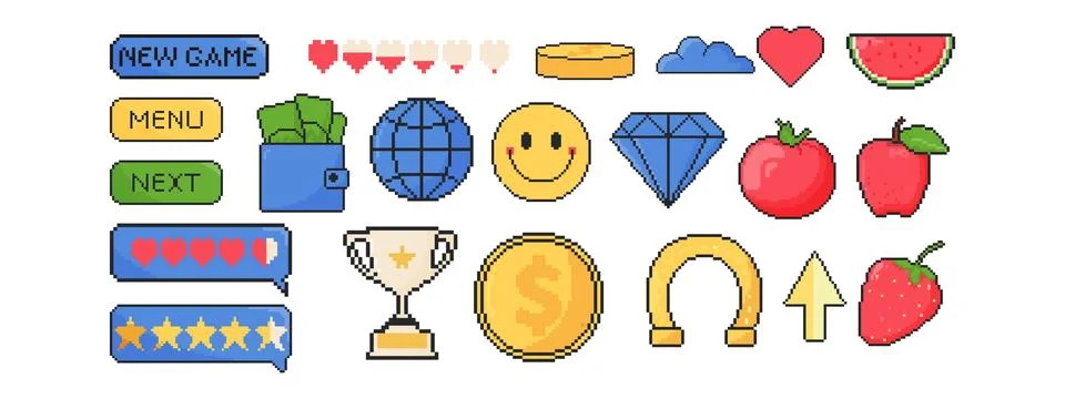 8 bit game icon set. Pixel art object. Old school computer graphic style. H.. Stock Illustration