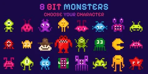 8 bit game icons. Pixel monster for computer video retro art. Funny alien Stock Illustration
