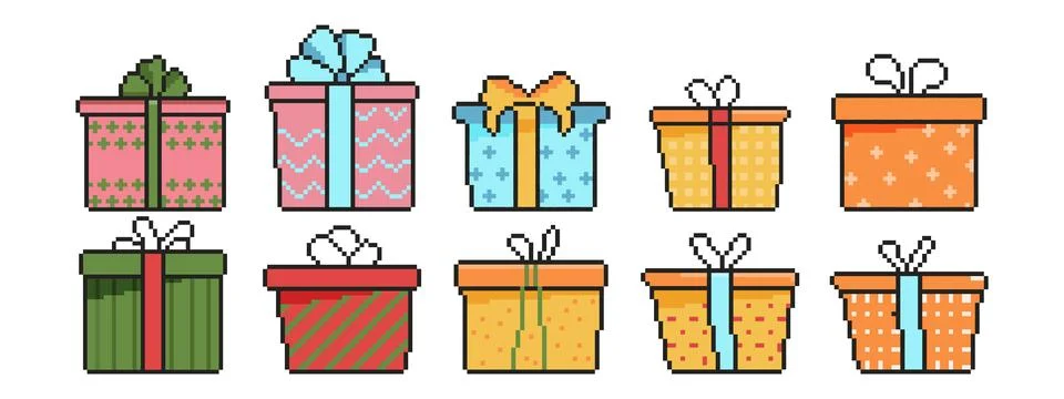 8 bit gift boxes icon set. Pixel art object. Old school vintage game graphics Illustrazione stock