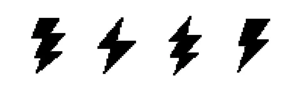 8 bit lightning bolt retro black silhouette icon. 8 bit battery charge symbol Stock Illustration