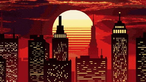 8-bit looping animation with a metropolis and skyscrapers at sunset Stock Footage 335959159