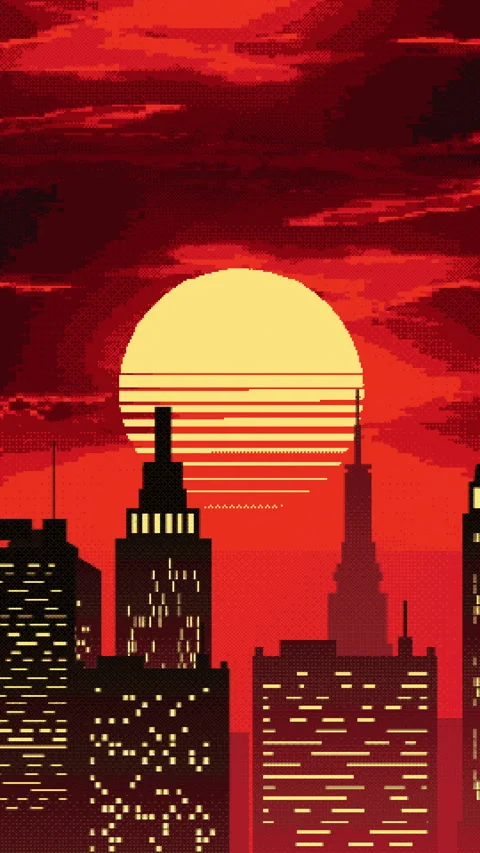 8-bit looping animation with a metropolis and skyscrapers at sunset Stock Footage 342032859