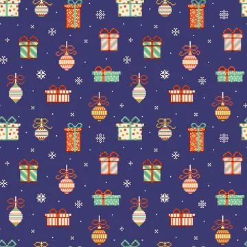 8 bit Merry Christmas Pattern with Gift Boxes Stock Illustration