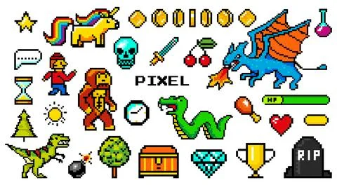 8 bit or pixel arcade elements for vintage 90s game. Snake, unicorn dragons and Stock Illustration
