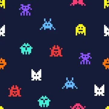 8 bit pixel arcade game alien invader seamless background. Superhero pixel space Stock Illustration
