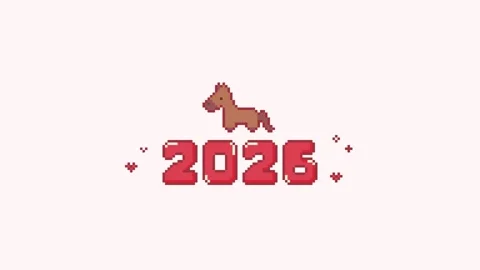 8-bit pixel art 2026 red horse on pink background Stock Footage 326848908